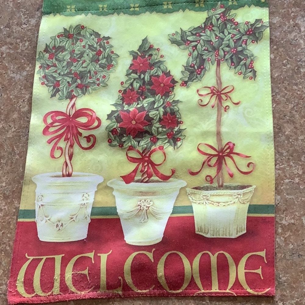 THREE CHRISTMAS TOPIARIES WITH A WELCOME